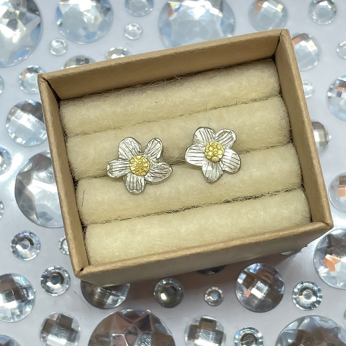 Alpine Daisy Flower Stud Earrings | Sterling Silver + 18ct Gold - HerbertandWilks Jewellery