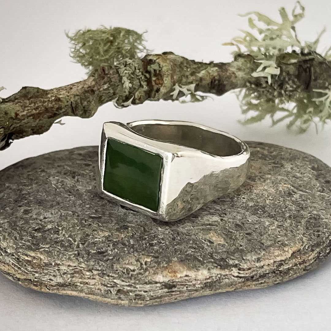 Horoeka Signet Ring | NZ Greenstone (Pounamu) Solid Sterling Silver Signet Ring | Size S1/4 - HerbertandWilks Jewellery