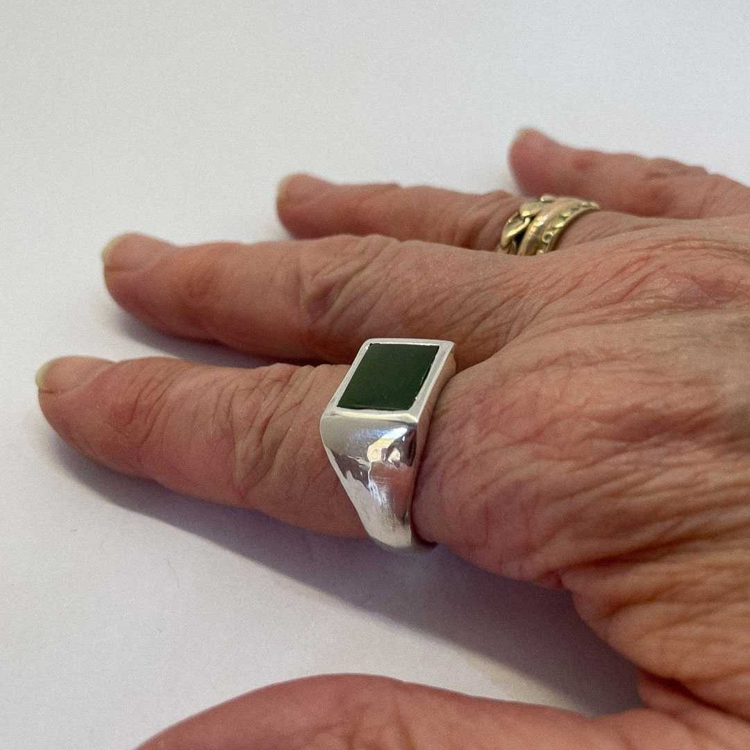 Horoeka Signet Ring | NZ Greenstone (Pounamu) Solid Sterling Silver Signet Ring | Size S1/4 - HerbertandWilks Jewellery