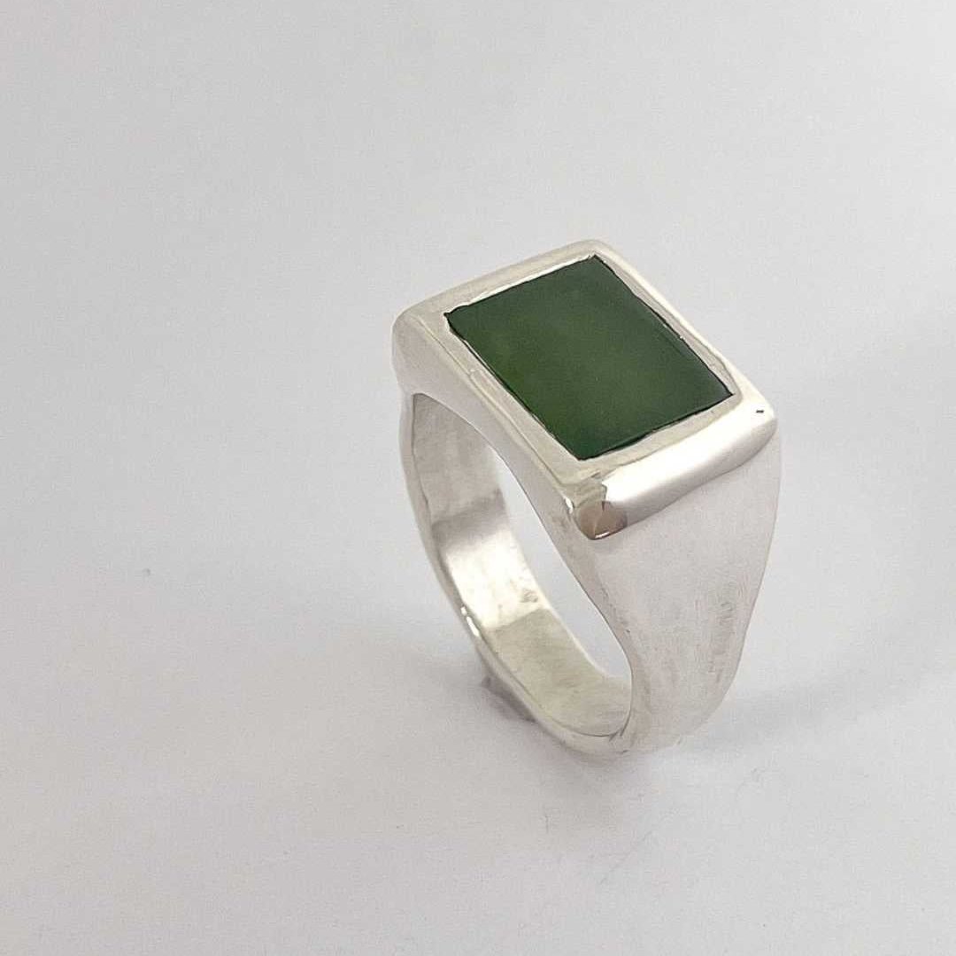 Horoeka Signet Ring | NZ Greenstone (Pounamu) Solid Sterling Silver Signet Ring | Size S1/4 - HerbertandWilks Jewellery