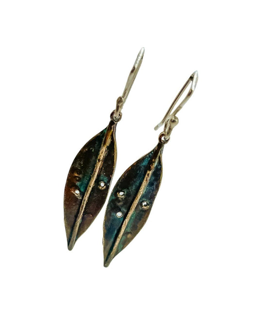 Pohutukawa Leaf Pendant Earrings | Bronze + Sterling Silver | Long - HerbertandWilks Jewellery