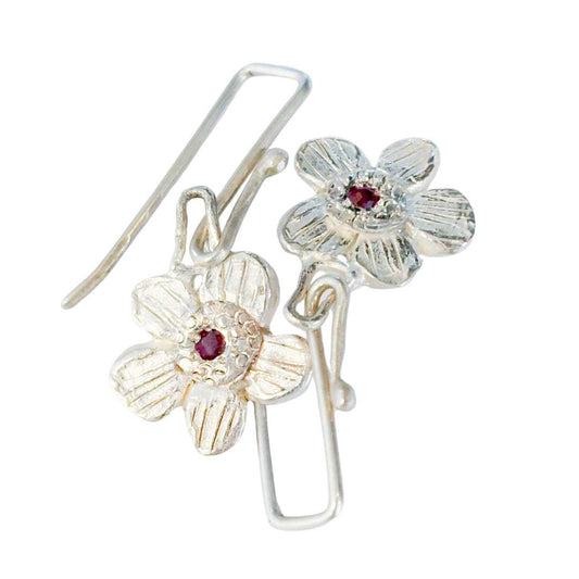 Silver Alpine Daisy Flower Dangle Earrings with Rubies - HerbertandWilks Jewellery