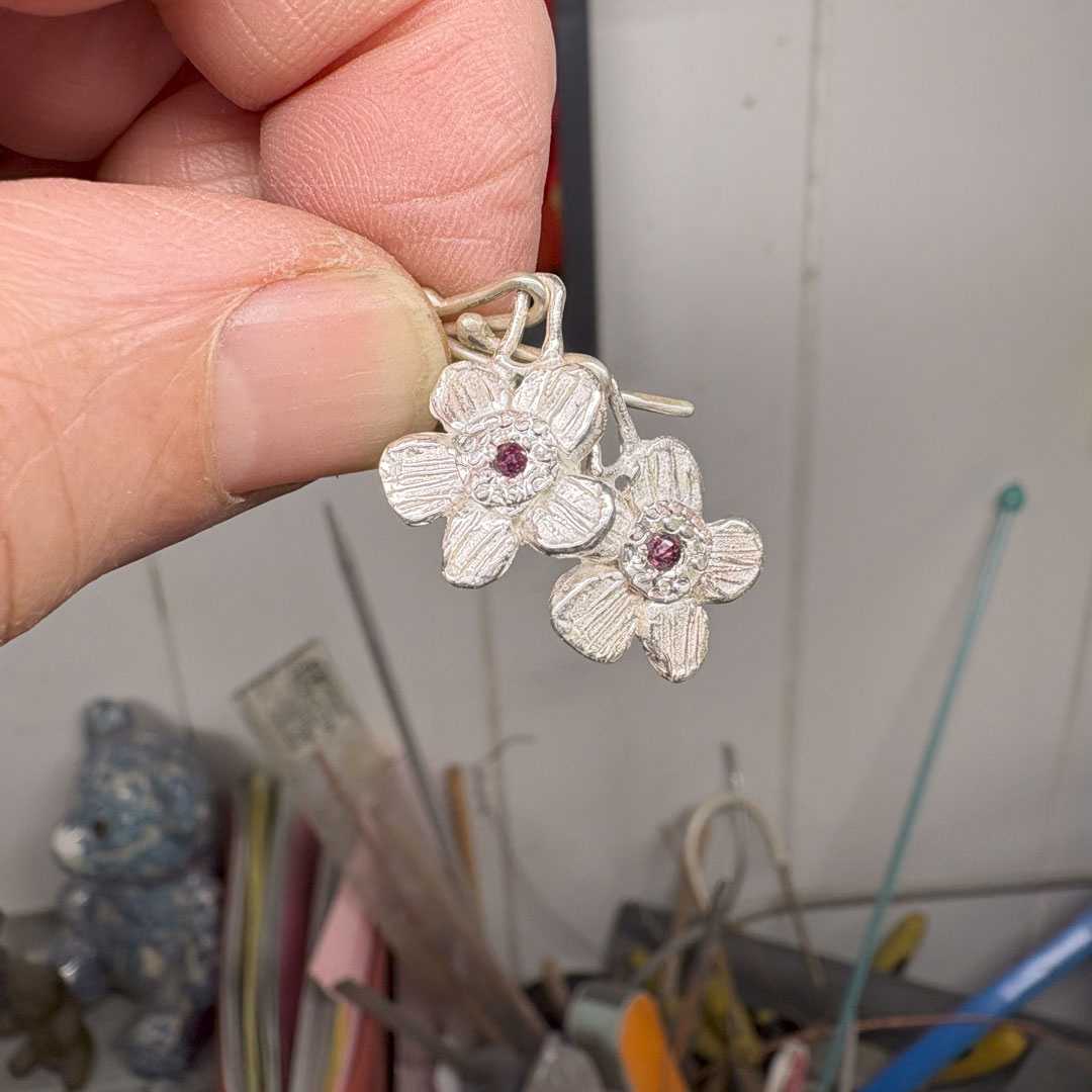 Silver Alpine Daisy Flower Dangle Earrings with Rubies - HerbertandWilks Jewellery