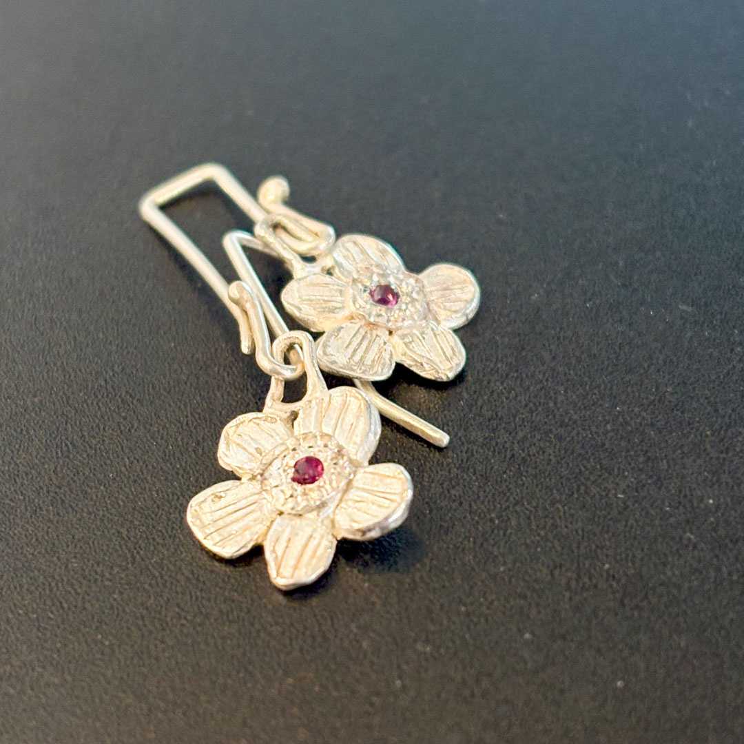 Silver Alpine Daisy Flower Dangle Earrings with Rubies - HerbertandWilks Jewellery