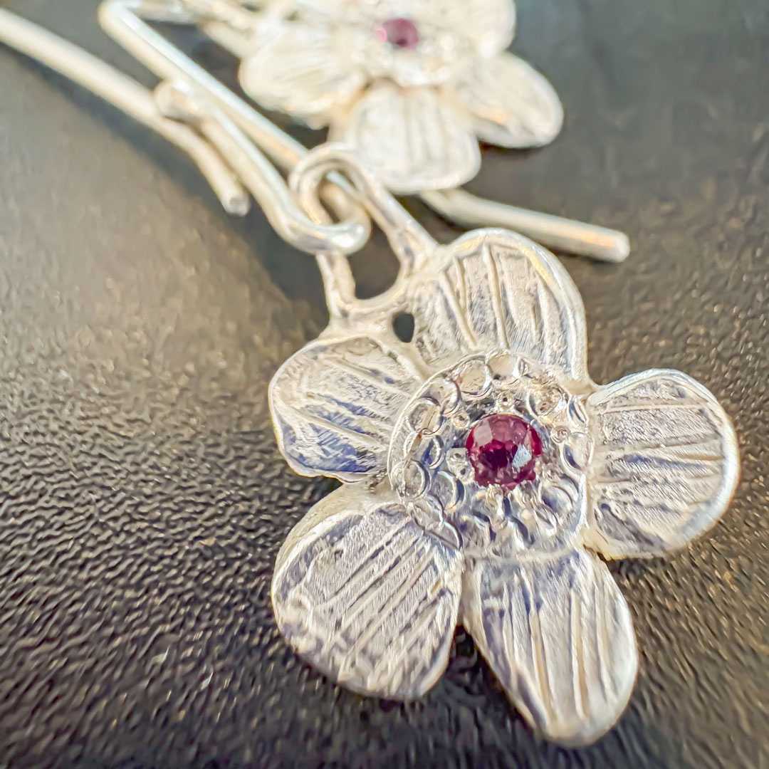 Silver Alpine Daisy Flower Dangle Earrings with Rubies - HerbertandWilks Jewellery