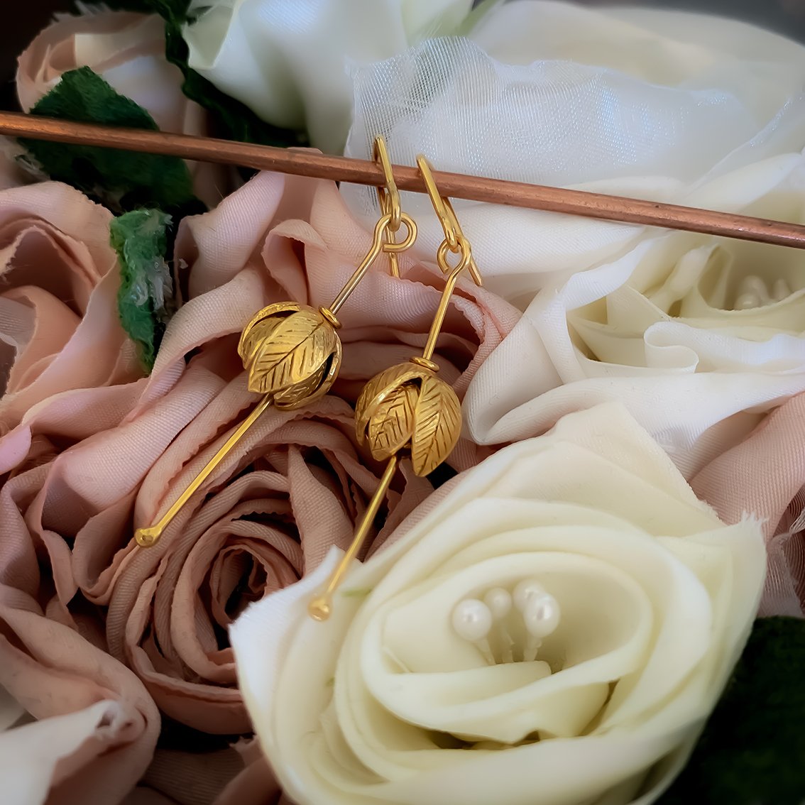 Stylised Golden Fuchsia Flower Pendant Earrings - 18ct Gold Plate - HerbertandWilks Jewellery